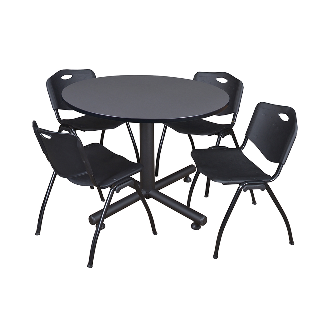 Kobe 48" Round Breakroom Table- Grey & 4 'M' Stack Chairs- Black. Picture 1