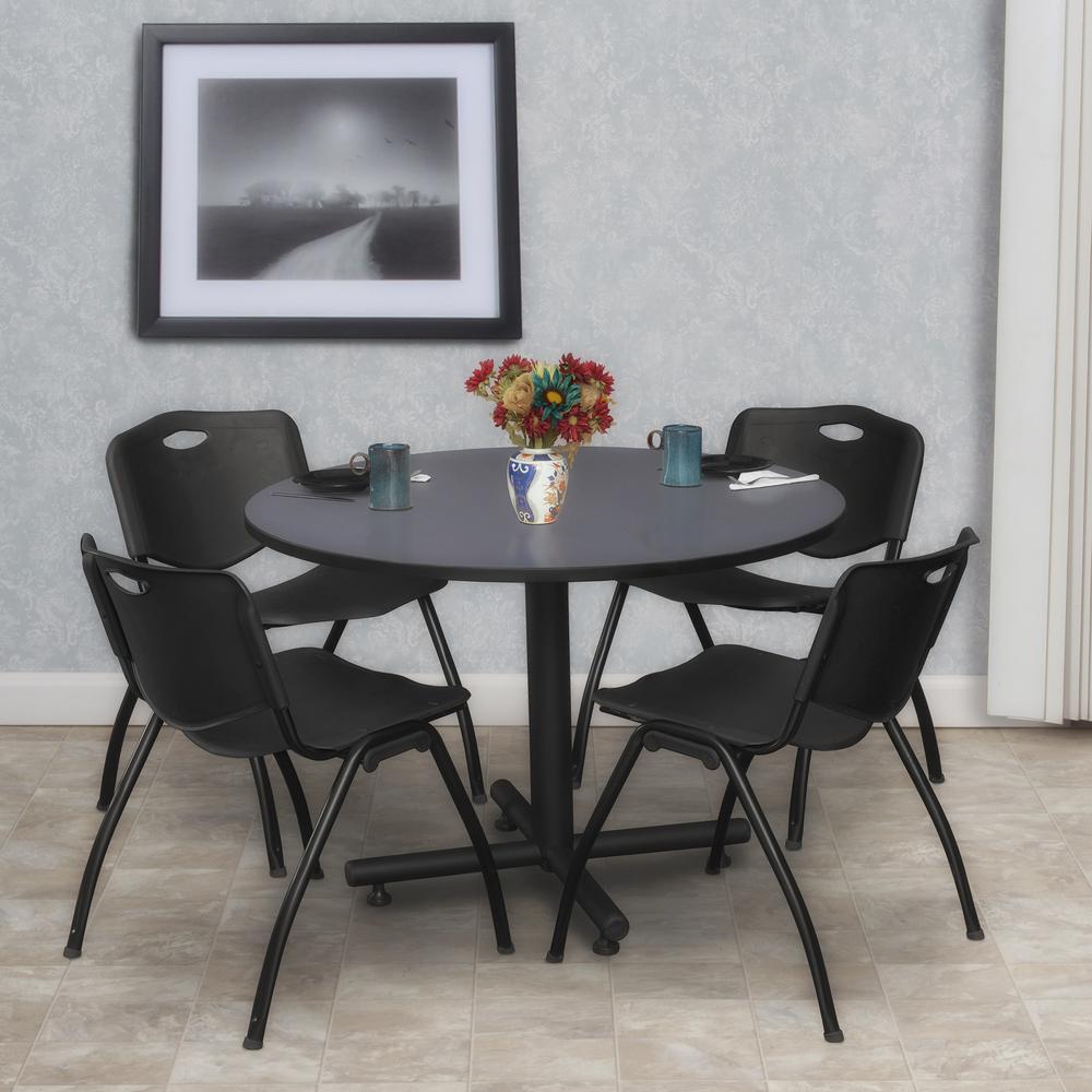 Kobe 48" Round Breakroom Table- Grey & 4 'M' Stack Chairs- Black. Picture 2