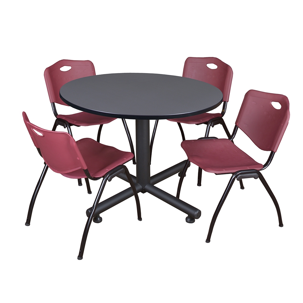 Kobe 48" Round Breakroom Table- Grey & 4 'M' Stack Chairs- Burgundy. Picture 1