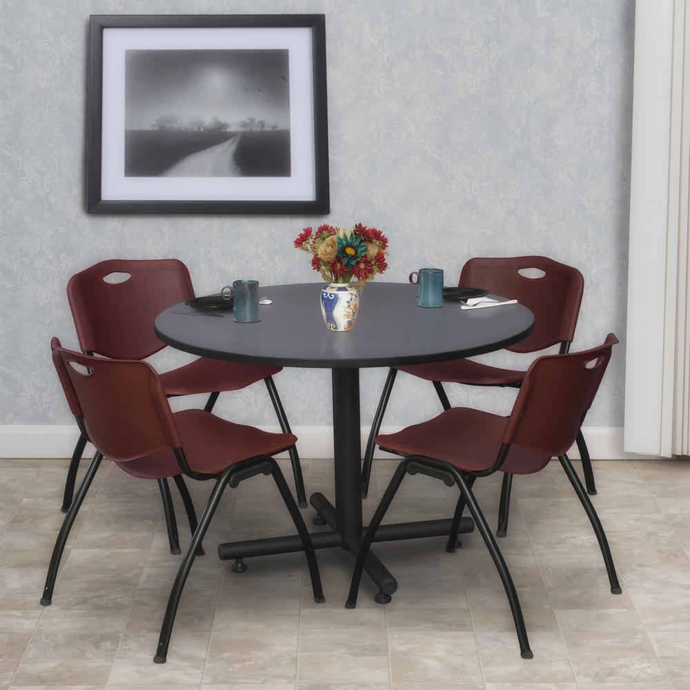 Kobe 48" Round Breakroom Table- Grey & 4 'M' Stack Chairs- Burgundy. Picture 2