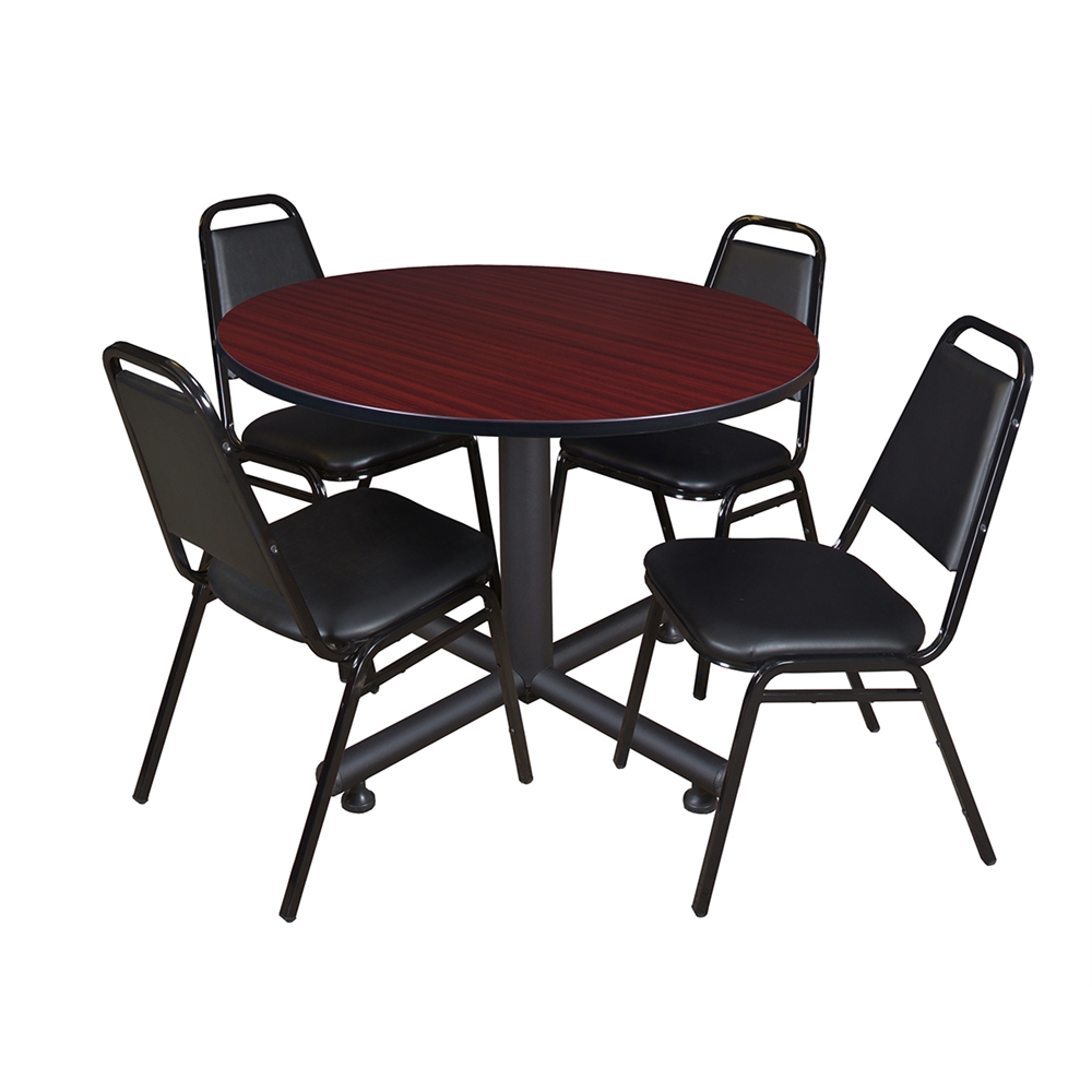 Kobe 48" Round Breakroom Table- Mahogany & 4 Restaurant Stack Chairs- Black. Picture 1