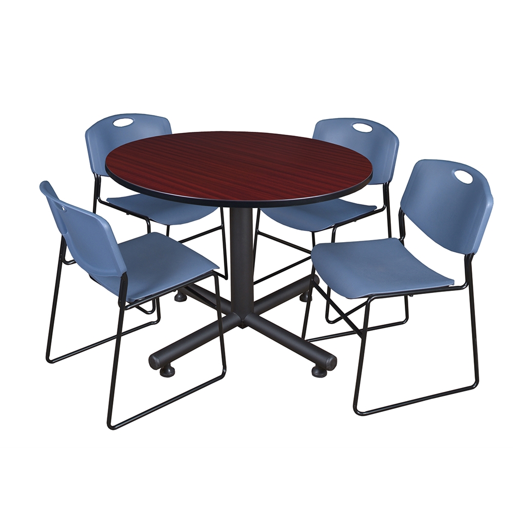 Kobe 48" Round Breakroom Table- Mahogany & 4 Zeng Stack Chairs- Blue. Picture 1