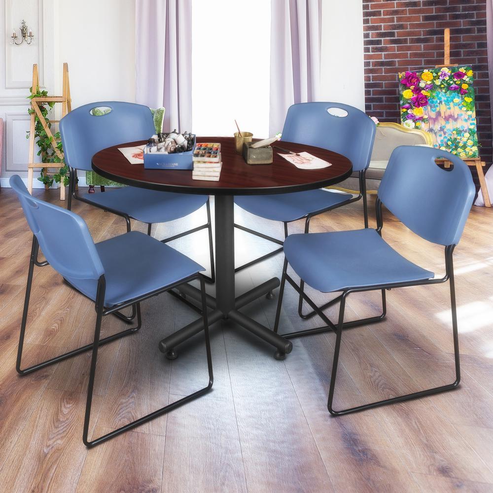Kobe 48" Round Breakroom Table- Mahogany & 4 Zeng Stack Chairs- Blue. Picture 2