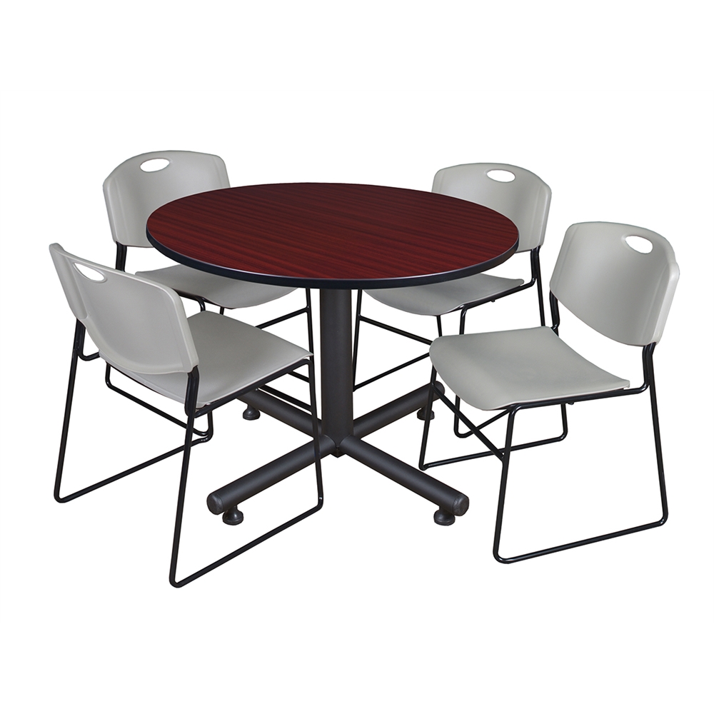 Kobe 48" Round Breakroom Table- Mahogany & 4 Zeng Stack Chairs- Grey. Picture 1