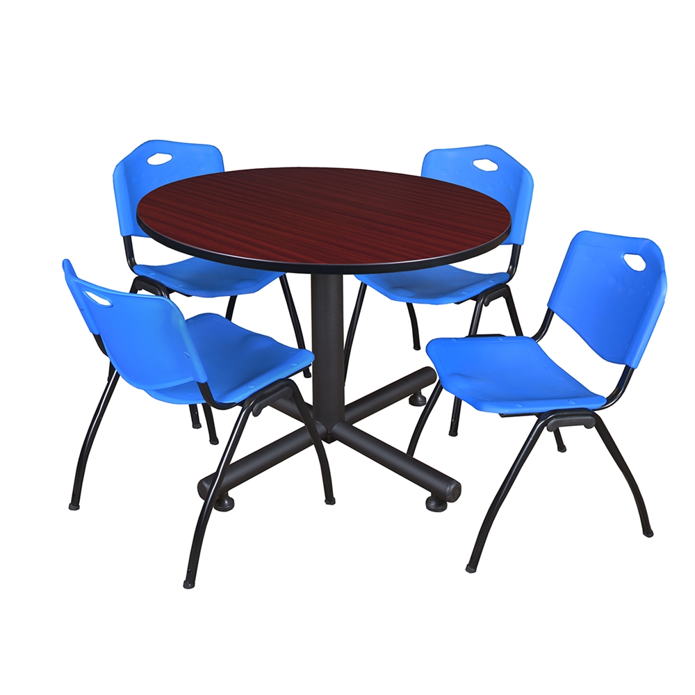 Kobe 48" Round Breakroom Table- Mahogany & 4 'M' Stack Chairs- Blue. Picture 1
