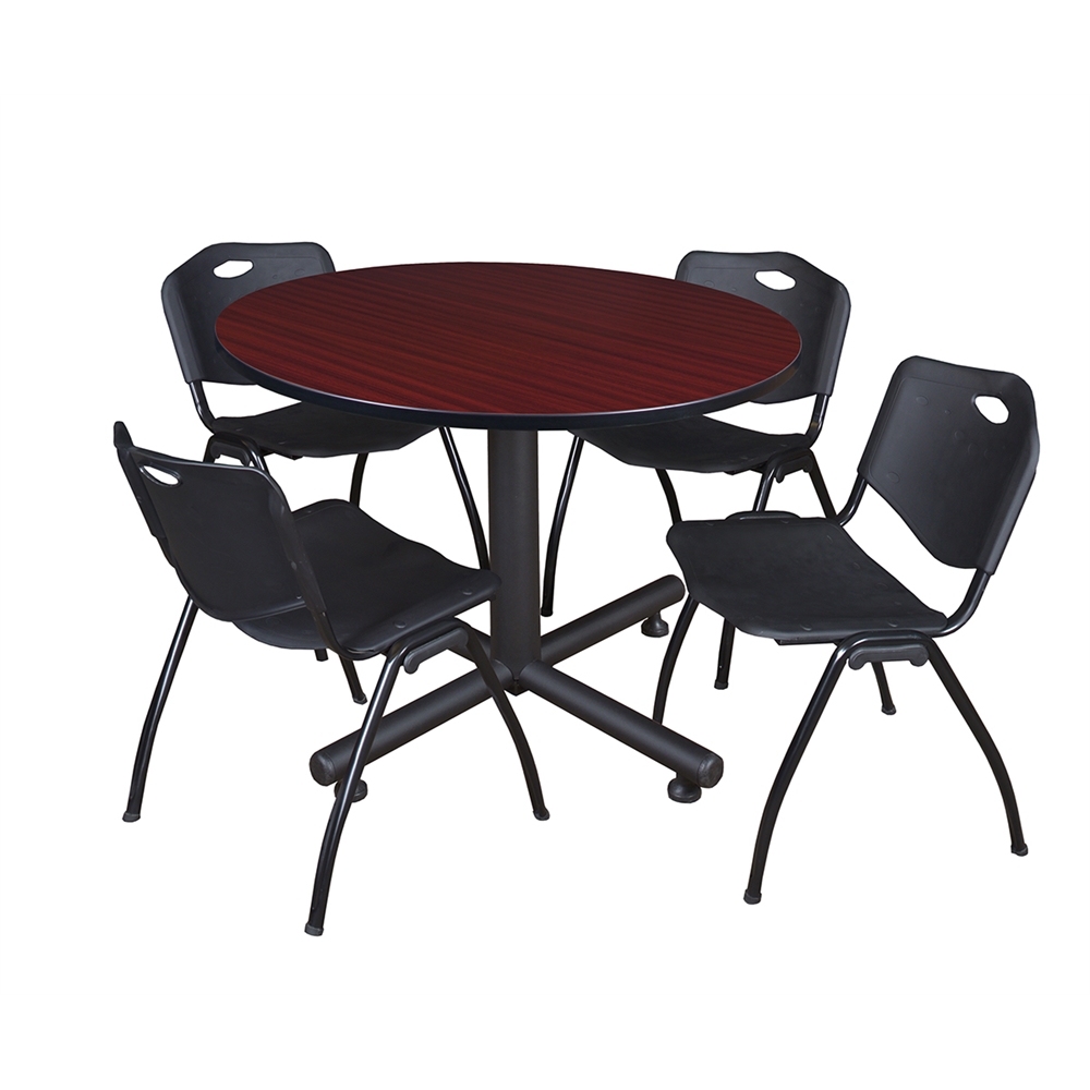 Kobe 48" Round Breakroom Table- Mahogany & 4 'M' Stack Chairs- Black. Picture 1