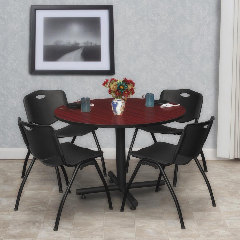Kobe 48" Round Breakroom Table- Mahogany & 4 'M' Stack Chairs- Black. Picture 2