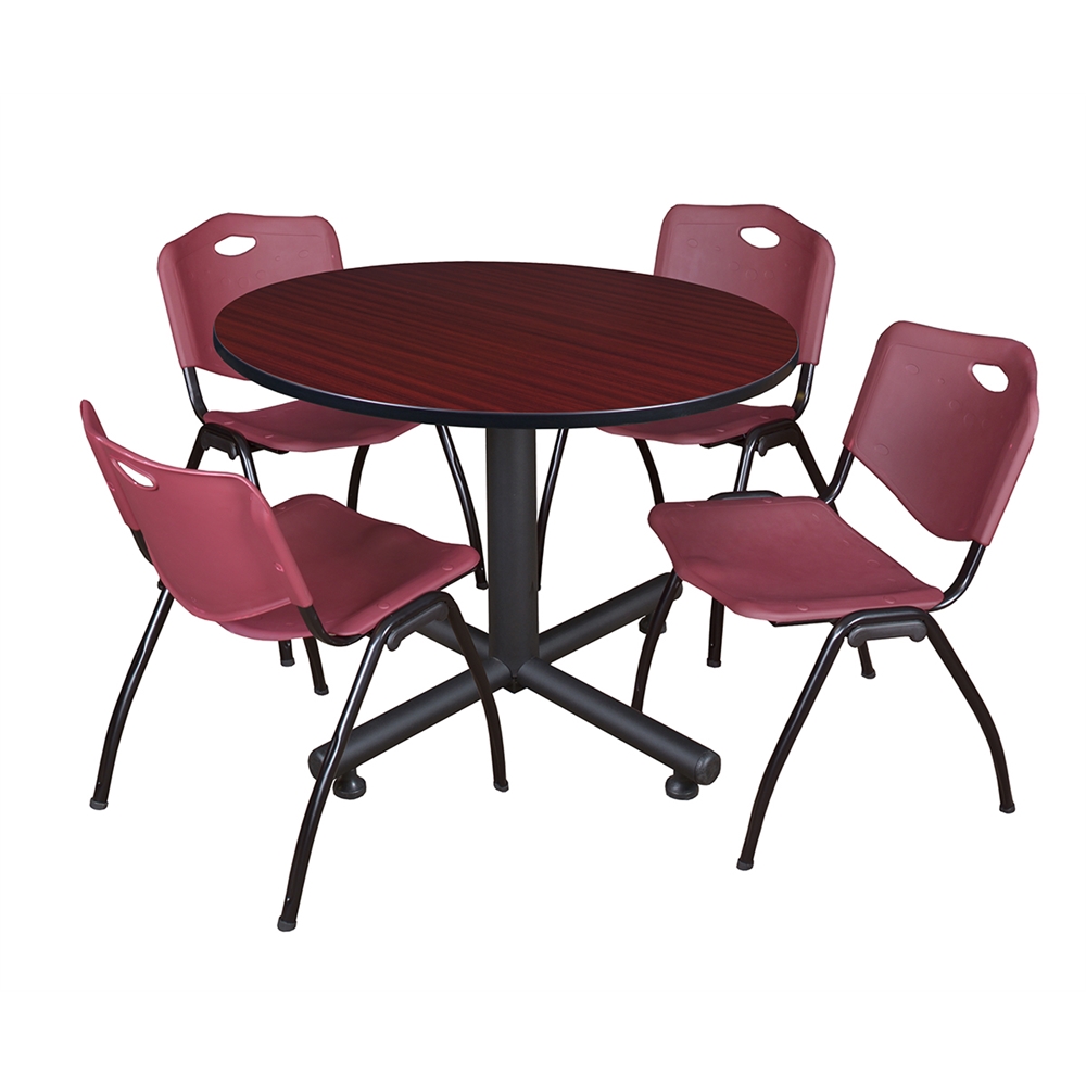 Kobe 48" Round Breakroom Table- Mahogany & 4 'M' Stack Chairs- Burgundy. Picture 1