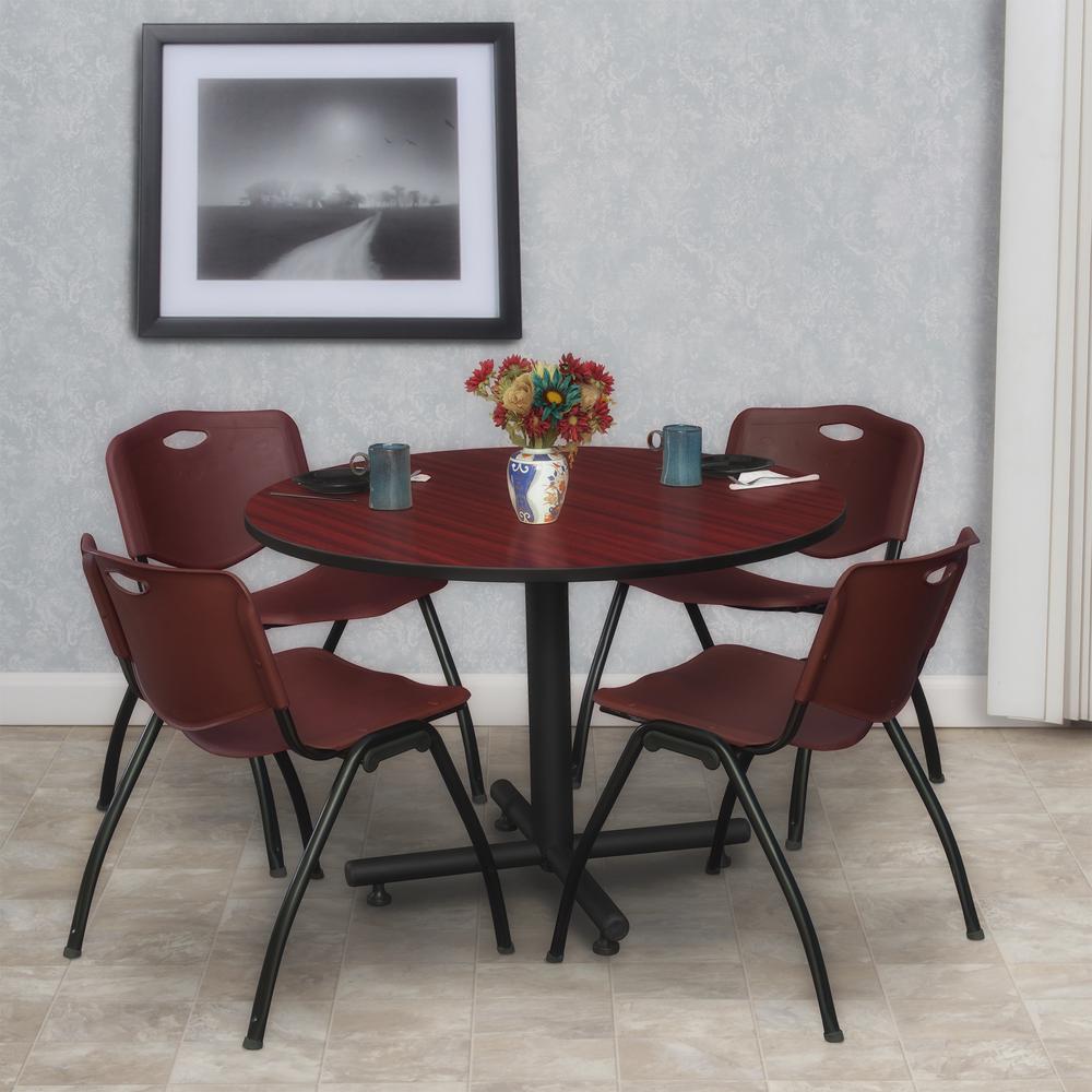 Kobe 48" Round Breakroom Table- Mahogany & 4 'M' Stack Chairs- Burgundy. Picture 2