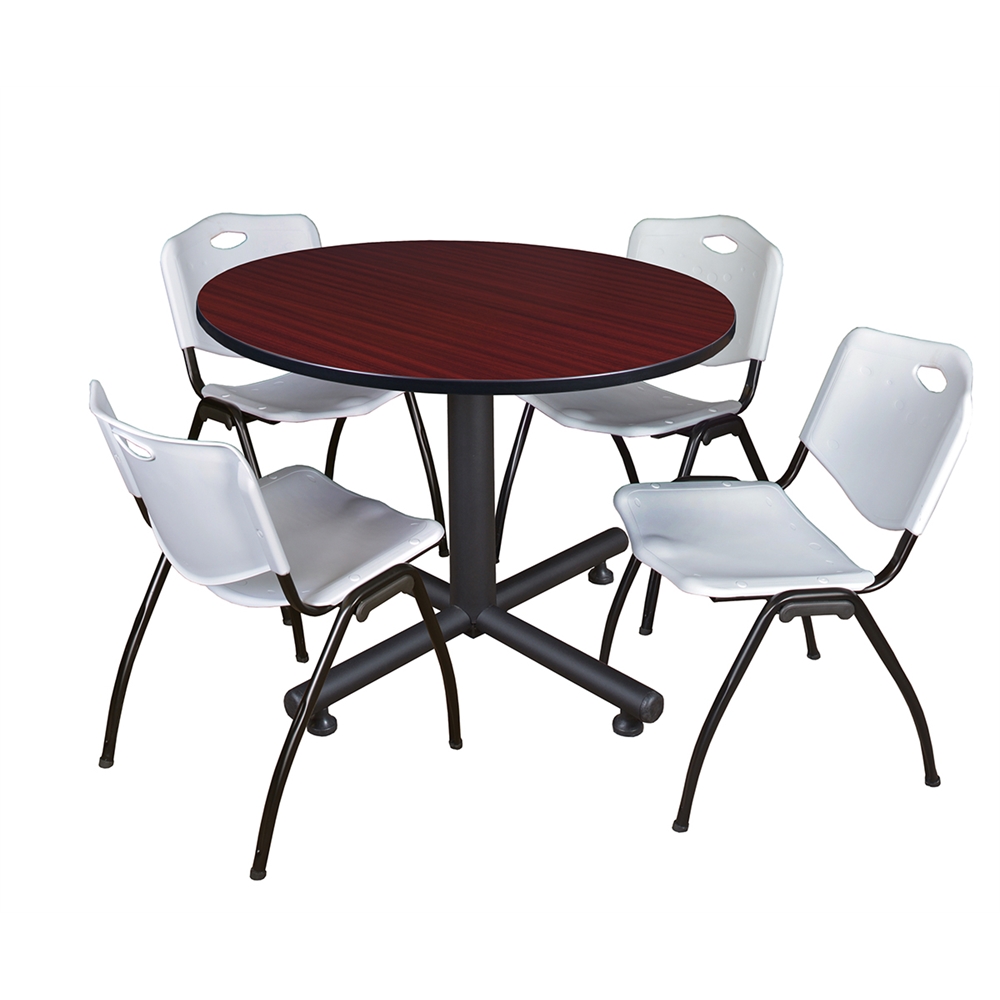Kobe 48" Round Breakroom Table- Mahogany & 4 'M' Stack Chairs- Grey. Picture 1