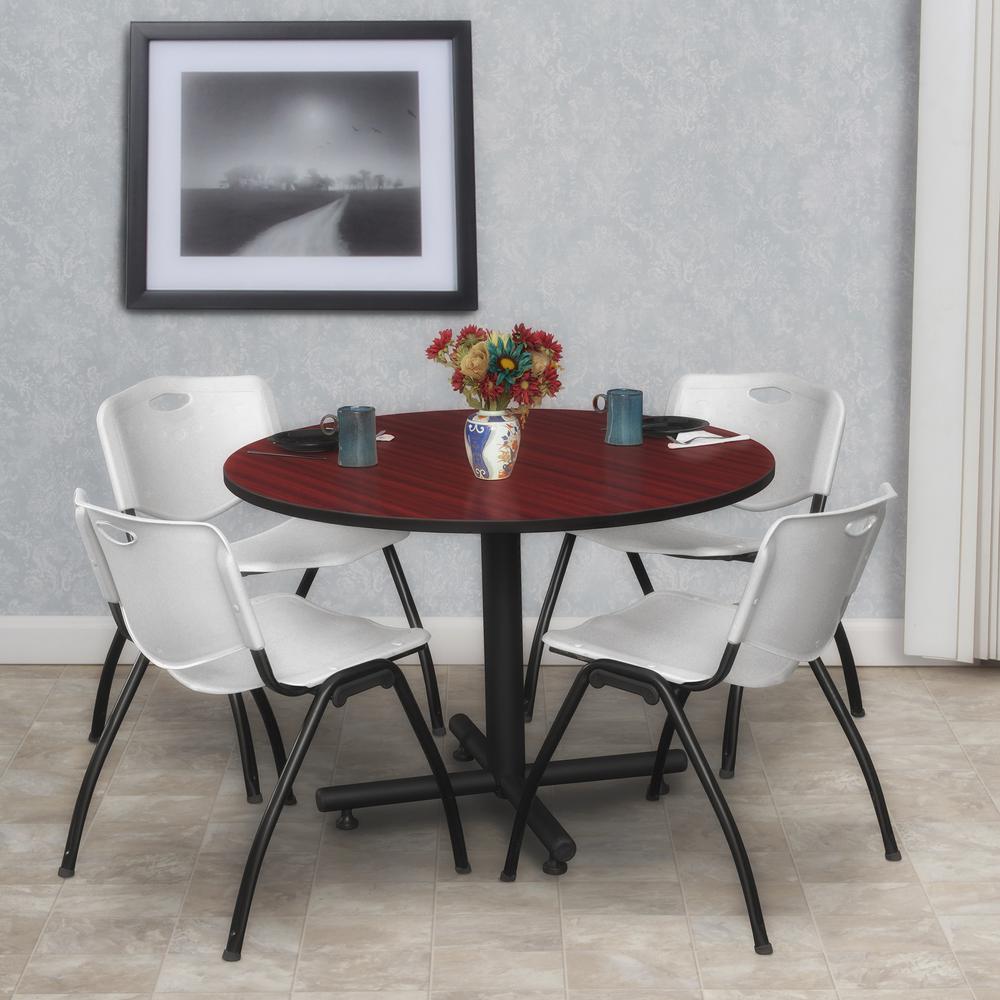 Kobe 48" Round Breakroom Table- Mahogany & 4 'M' Stack Chairs- Grey. Picture 2