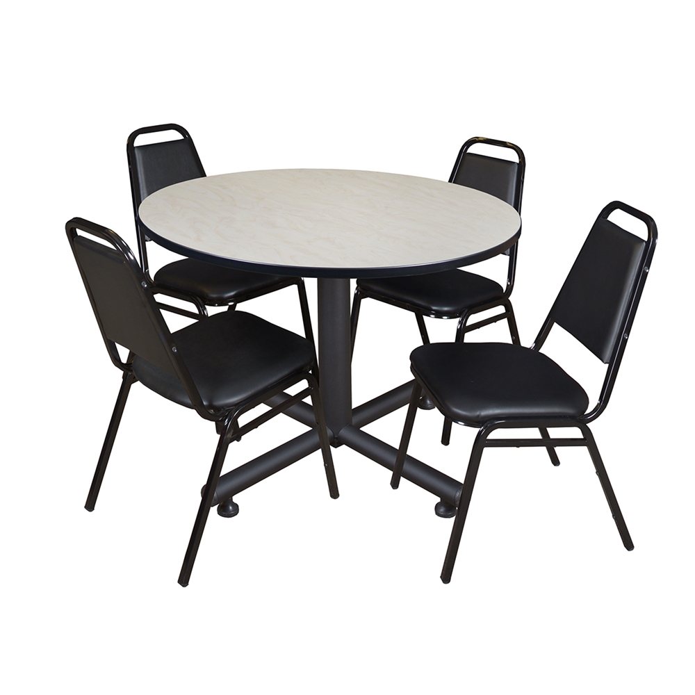Kobe 48" Round Breakroom Table- Maple & 4 Restaurant Stack Chairs- Black. Picture 1