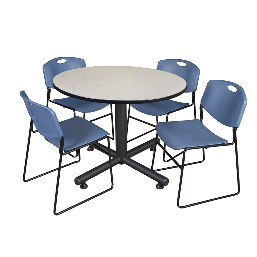 Kobe 48" Round Breakroom Table- Maple & 4 Zeng Stack Chairs- Blue. Picture 1