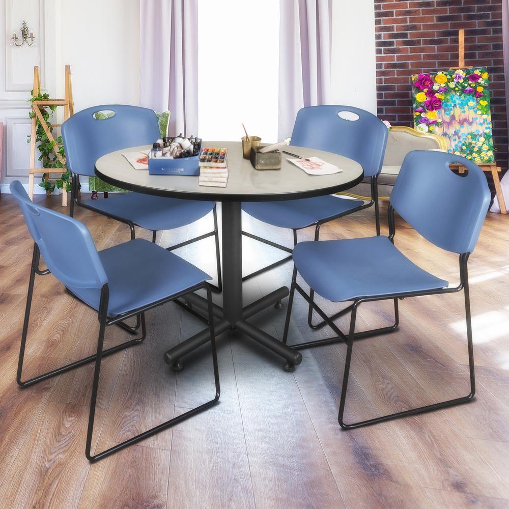 Kobe 48" Round Breakroom Table- Maple & 4 Zeng Stack Chairs- Blue. Picture 2