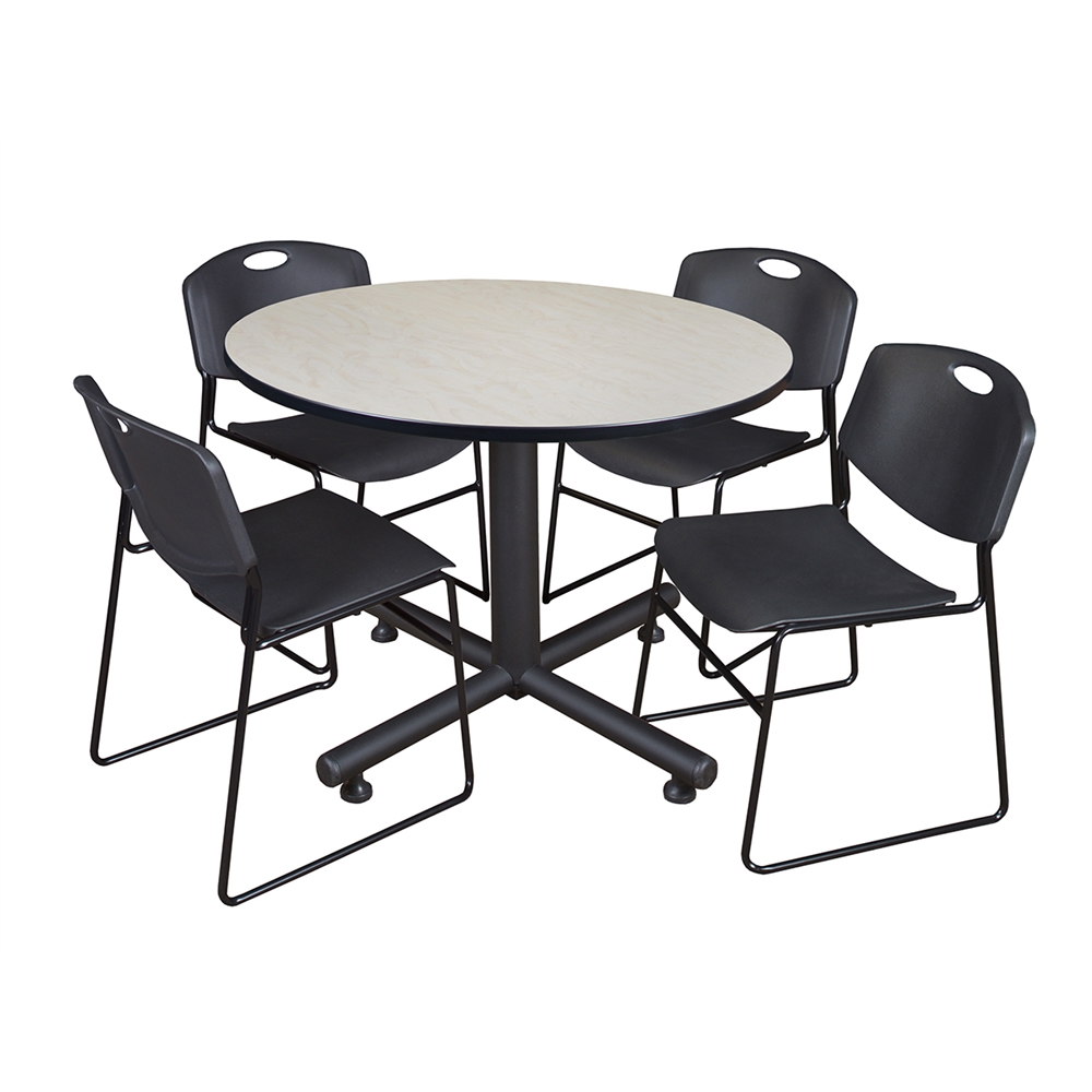 Kobe 48" Round Breakroom Table- Maple & 4 Zeng Stack Chairs- Black. Picture 1