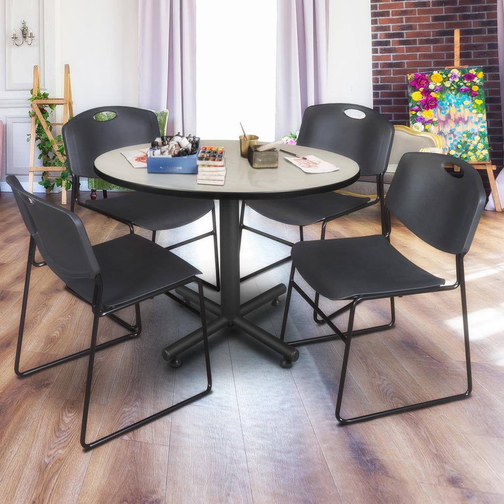 Kobe 48" Round Breakroom Table- Maple & 4 Zeng Stack Chairs- Black. Picture 2