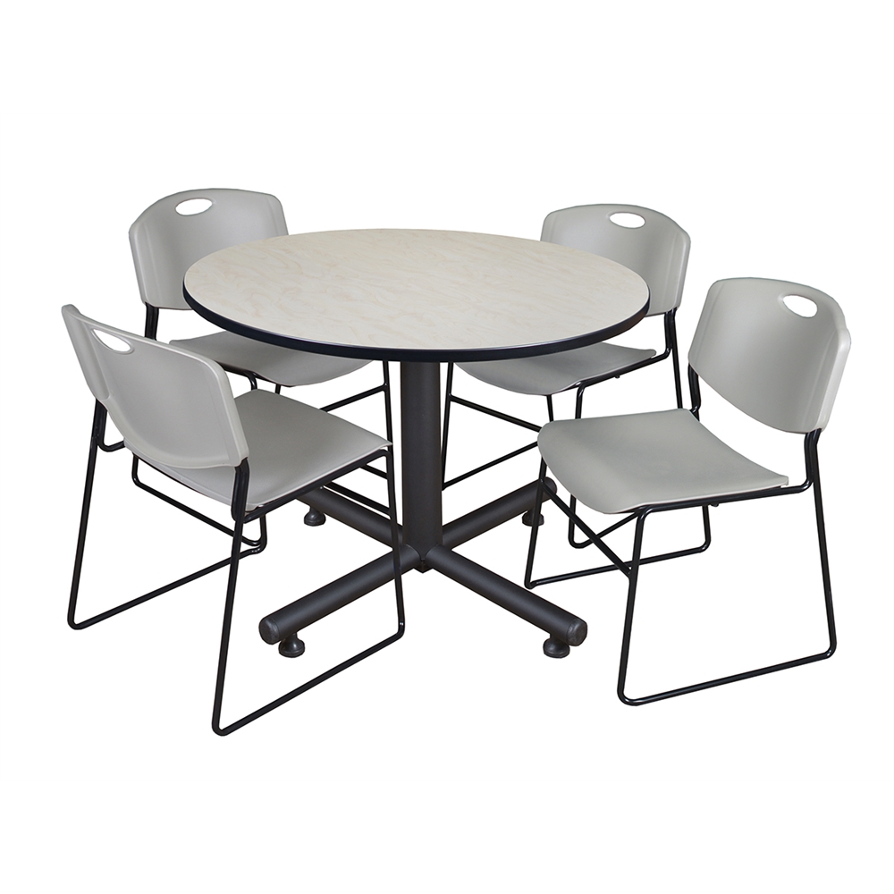Kobe 48" Round Breakroom Table- Maple & 4 Zeng Stack Chairs- Grey. Picture 1