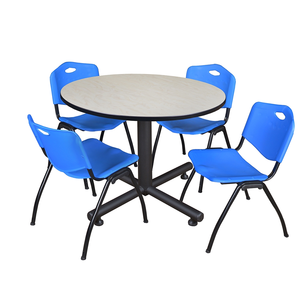 Kobe 48" Round Breakroom Table- Maple & 4 'M' Stack Chairs- Blue. Picture 1