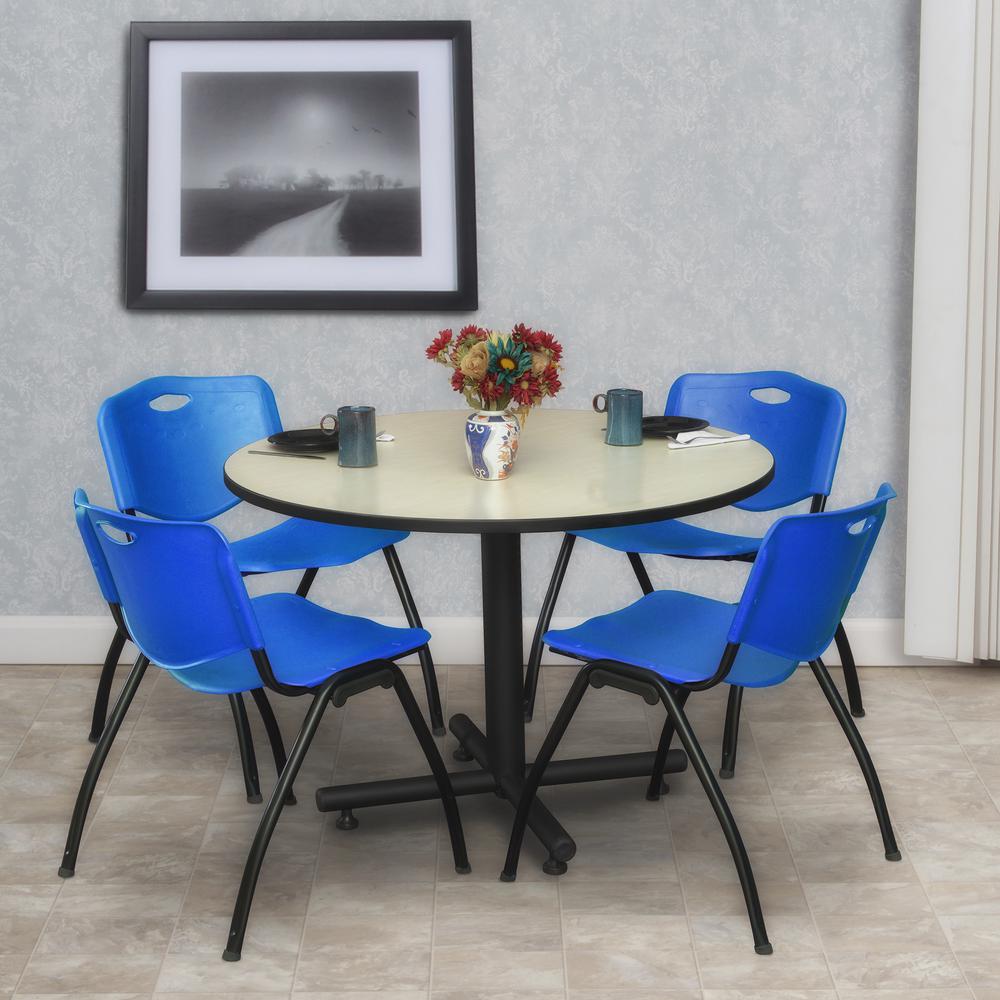 Kobe 48" Round Breakroom Table- Maple & 4 'M' Stack Chairs- Blue. Picture 2