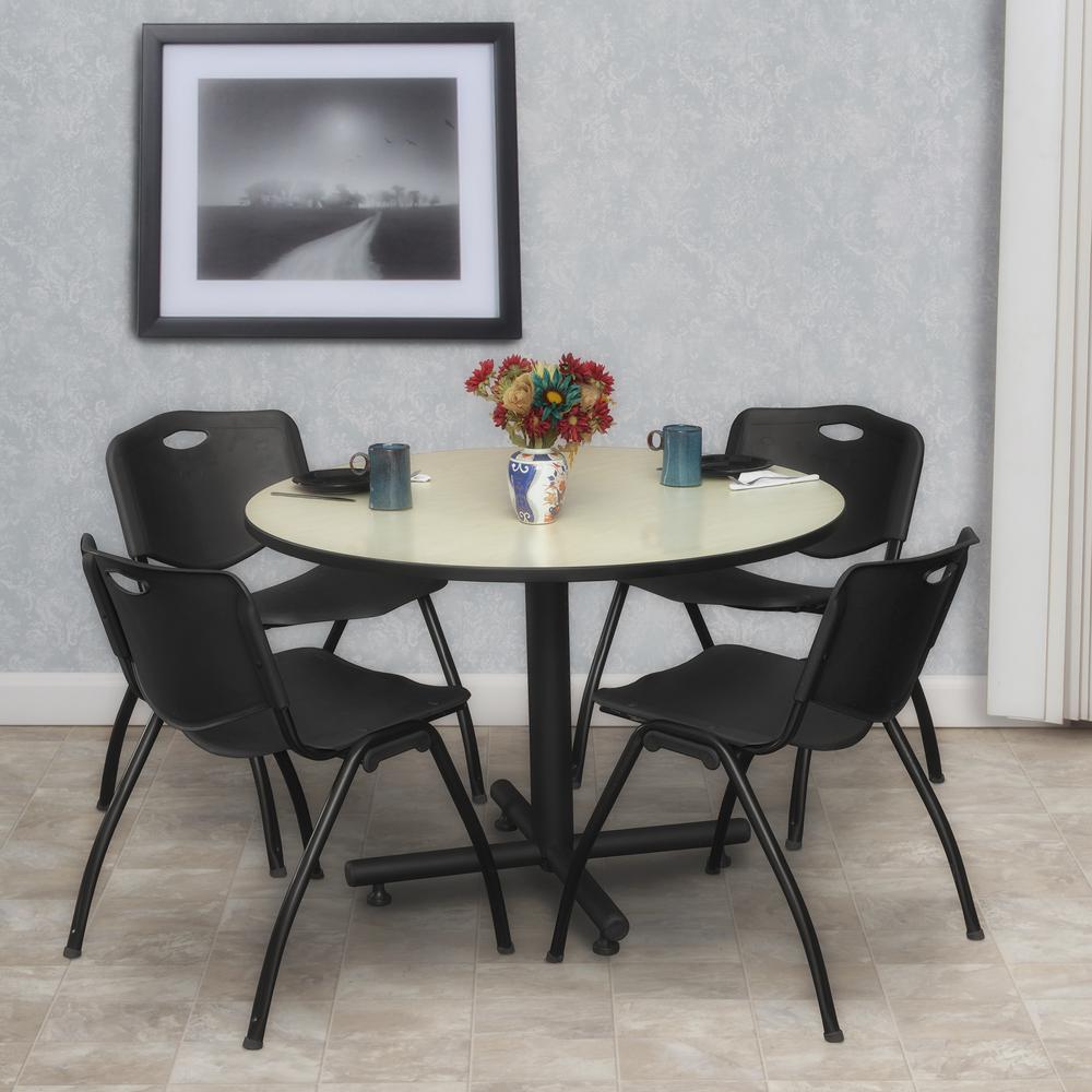 Kobe 48" Round Breakroom Table- Maple & 4 'M' Stack Chairs- Black. Picture 2