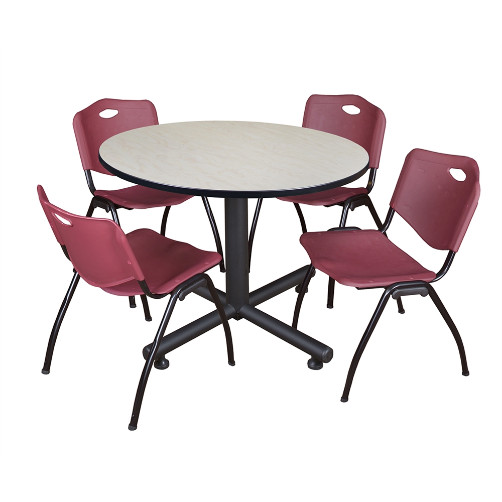 Kobe 48" Round Breakroom Table- Maple & 4 'M' Stack Chairs- Burgundy. Picture 1