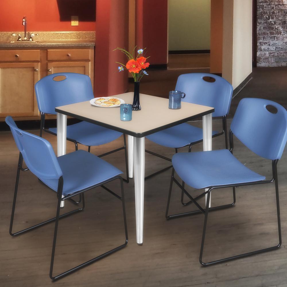 Regency Kahlo 30 in. Square Breakroom Table- Beige Top, Chrome Base & 4 Zeng Stack Chairs- Blue. Picture 7