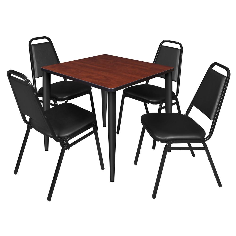 Regency Kahlo 30 in. Square Breakroom Table- Cherry Top, Black Base & 4 Restaurant Stack Chairs- Black. Picture 1