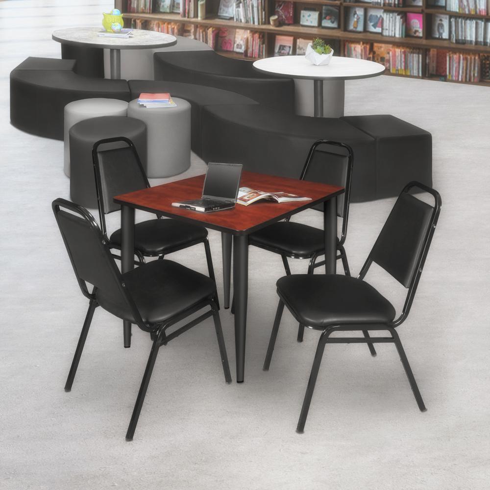 Regency Kahlo 30 in. Square Breakroom Table- Cherry Top, Black Base & 4 Restaurant Stack Chairs- Black. Picture 7
