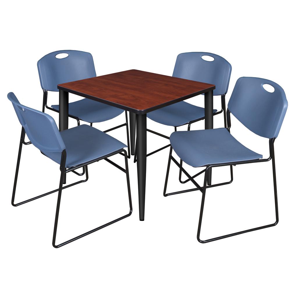 Regency Kahlo 30 in. Square Breakroom Table- Cherry Top, Black Base & 4 Zeng Stack Chairs- Blue. Picture 1