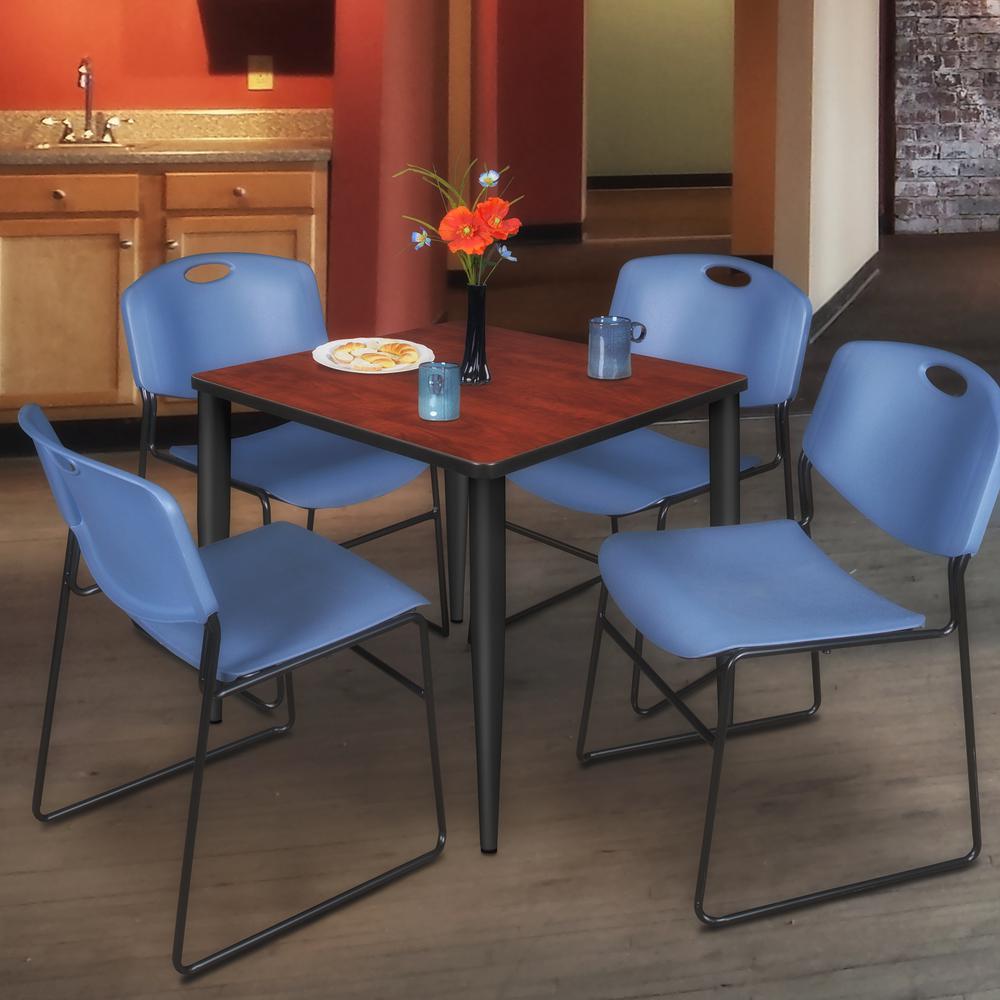 Regency Kahlo 30 in. Square Breakroom Table- Cherry Top, Black Base & 4 Zeng Stack Chairs- Blue. Picture 7