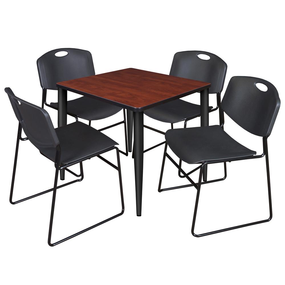 Regency Kahlo 30 in. Square Breakroom Table- Cherry Top, Black Base & 4 Zeng Stack Chairs- Black. Picture 1