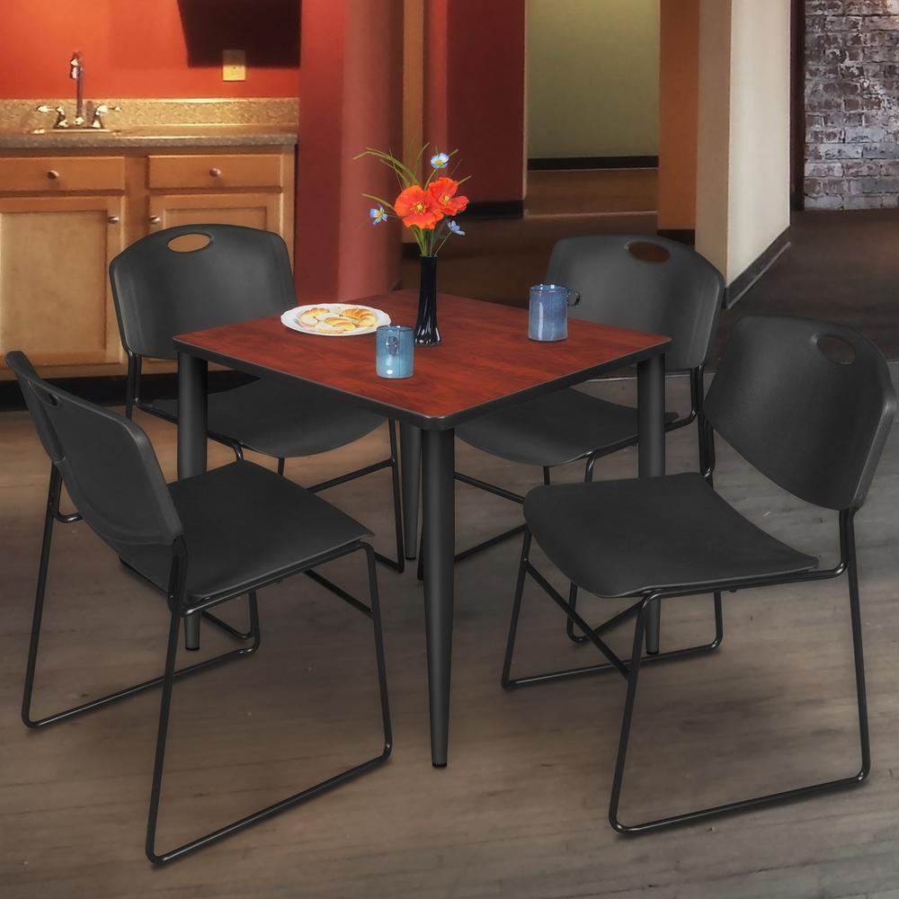 Regency Kahlo 30 in. Square Breakroom Table- Cherry Top, Black Base & 4 Zeng Stack Chairs- Black. Picture 7