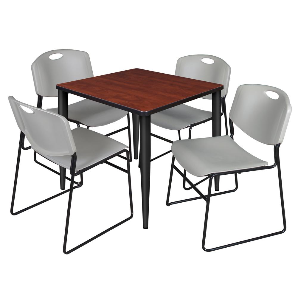 Regency Kahlo 30 in. Square Breakroom Table- Cherry Top, Black Base & 4 Zeng Stack Chairs- Grey. Picture 1