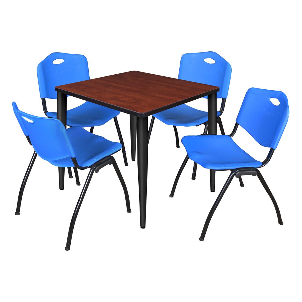 Regency Kahlo 30 in. Square Breakroom Table- Cherry Top, Black Base & 4 M Stack Chairs- Blue. Picture 1
