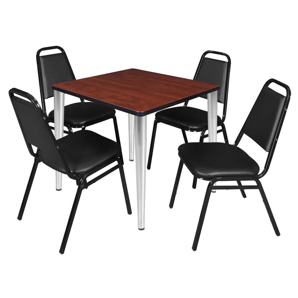 Regency Kahlo 30 in. Square Breakroom Table- Cherry Top, Chrome Base & 4 Restaurant Stack Chairs- Black. Picture 1