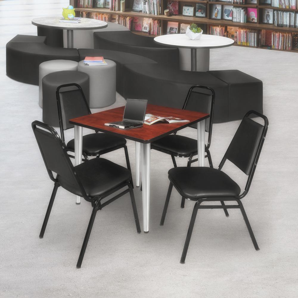 Regency Kahlo 30 in. Square Breakroom Table- Cherry Top, Chrome Base & 4 Restaurant Stack Chairs- Black. Picture 7