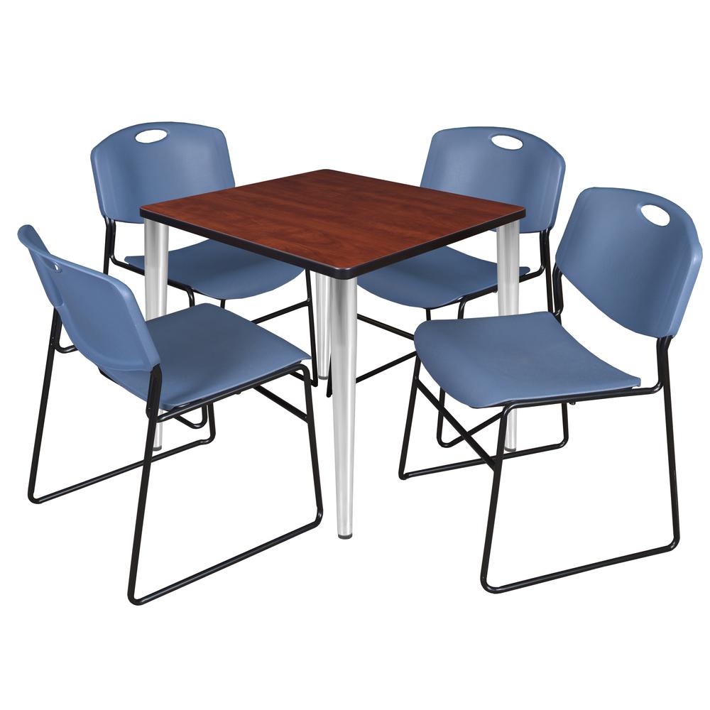 Regency Kahlo 30 in. Square Breakroom Table- Cherry Top, Chrome Base & 4 Zeng Stack Chairs- Blue. Picture 1