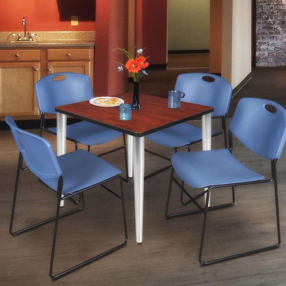 Regency Kahlo 30 in. Square Breakroom Table- Cherry Top, Chrome Base & 4 Zeng Stack Chairs- Blue. Picture 7