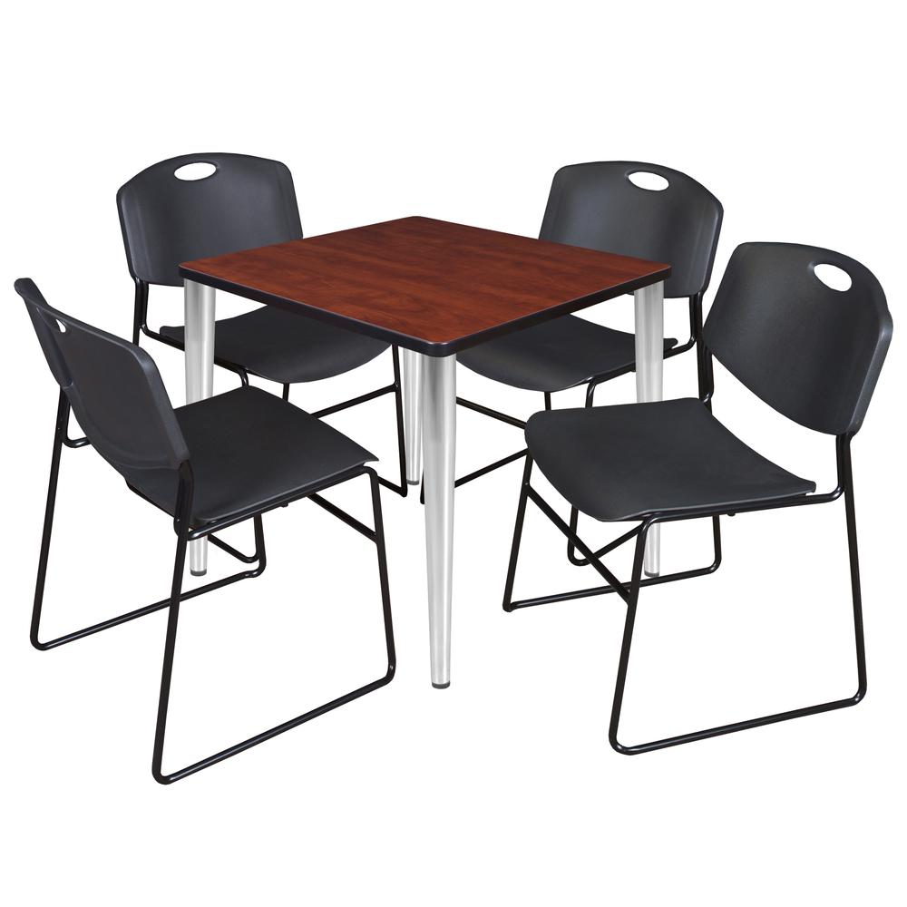 Regency Kahlo 30 in. Square Breakroom Table- Cherry Top, Chrome Base & 4 Zeng Stack Chairs- Black. Picture 1