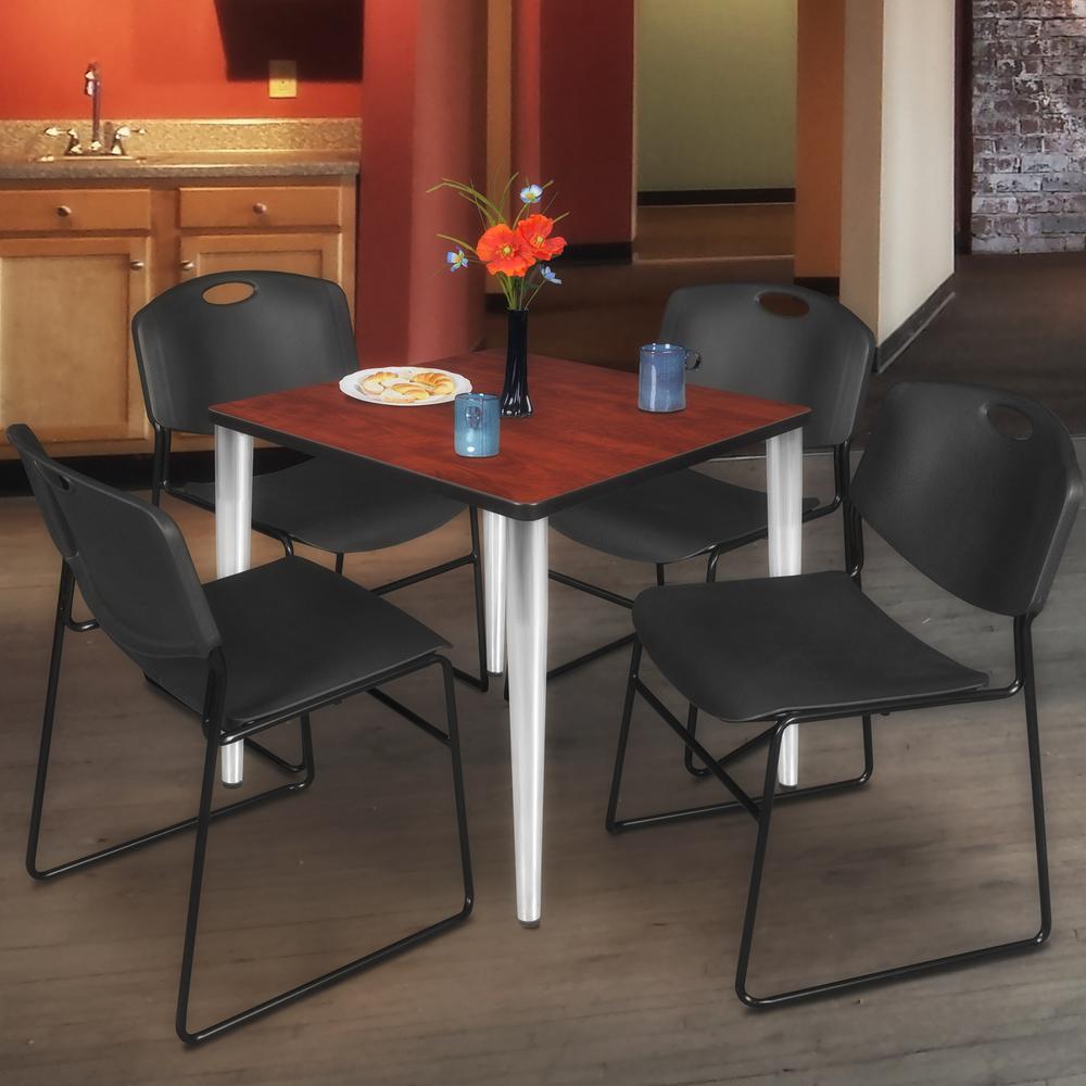 Regency Kahlo 30 in. Square Breakroom Table- Cherry Top, Chrome Base & 4 Zeng Stack Chairs- Black. Picture 7