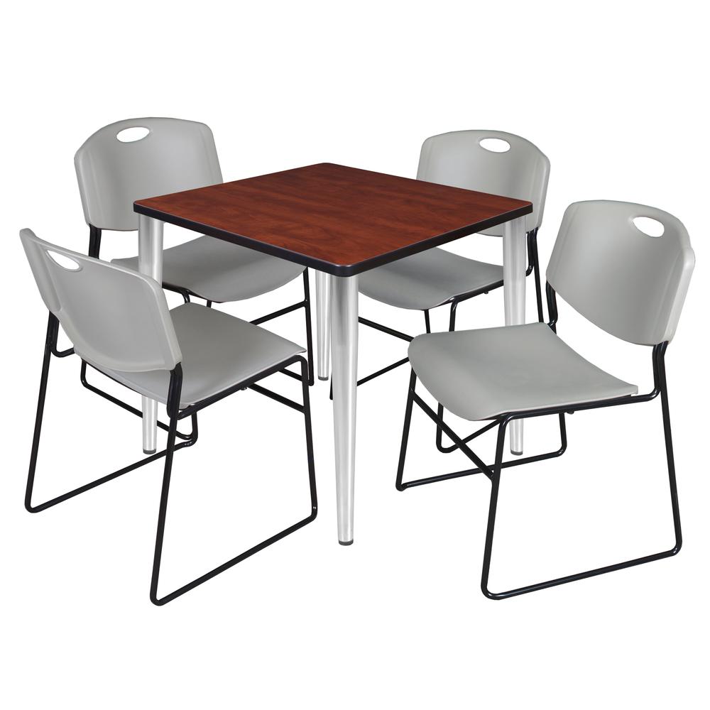 Regency Kahlo 30 in. Square Breakroom Table- Cherry Top, Chrome Base & 4 Zeng Stack Chairs- Grey. Picture 1