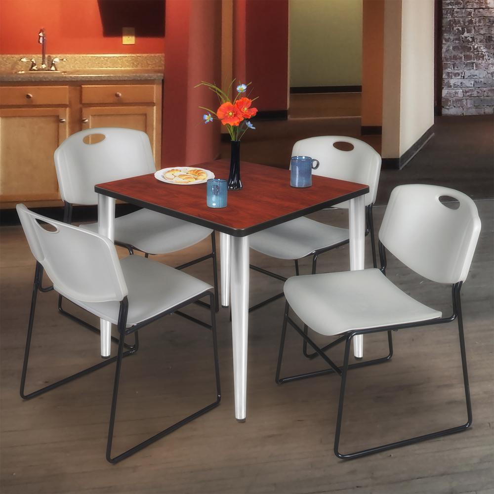 Regency Kahlo 30 in. Square Breakroom Table- Cherry Top, Chrome Base & 4 Zeng Stack Chairs- Grey. Picture 7