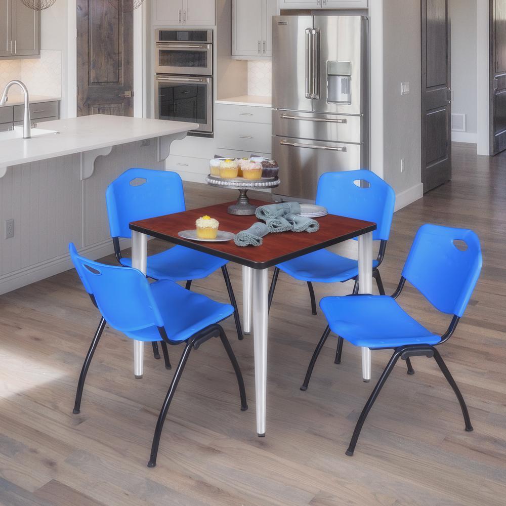 Regency Kahlo 30 in. Square Breakroom Table- Cherry Top, Chrome Base & 4 M Stack Chairs- Blue. Picture 9
