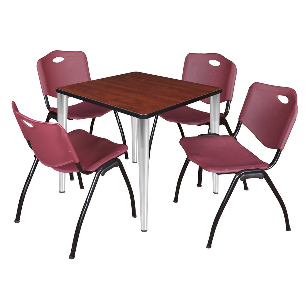 Regency Kahlo 30 in. Square Breakroom Table- Cherry Top, Chrome Base & 4 M Stack Chairs- Burgundy. Picture 1