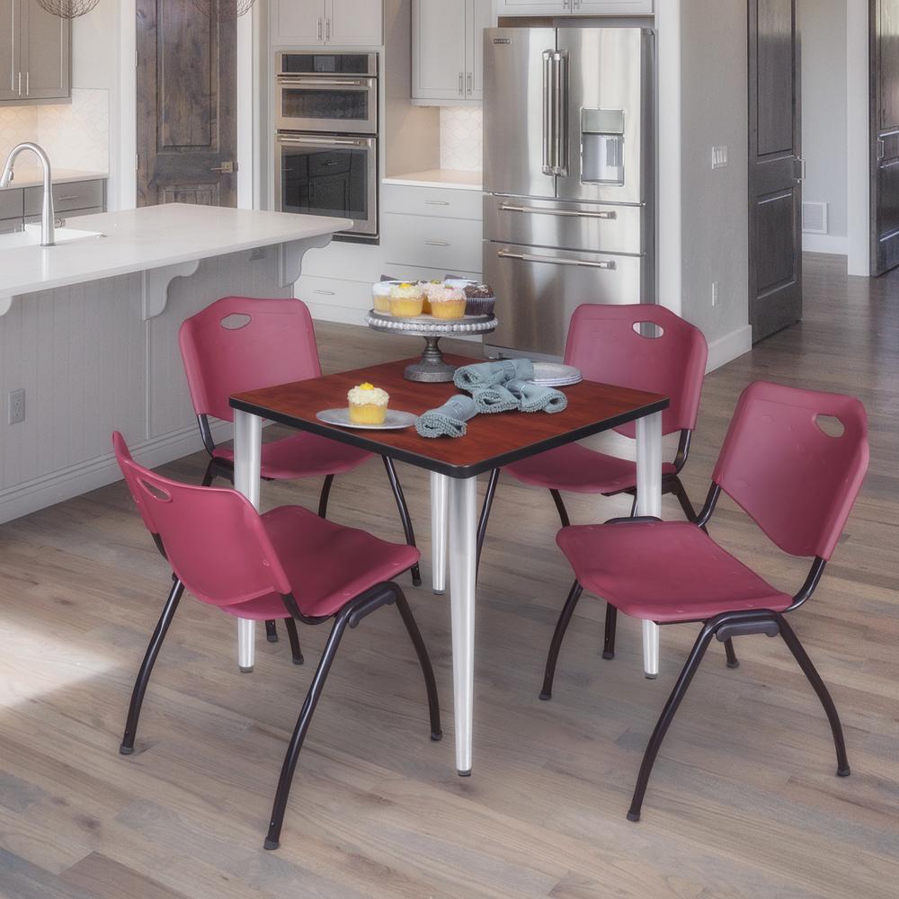 Regency Kahlo 30 in. Square Breakroom Table- Cherry Top, Chrome Base & 4 M Stack Chairs- Burgundy. Picture 7