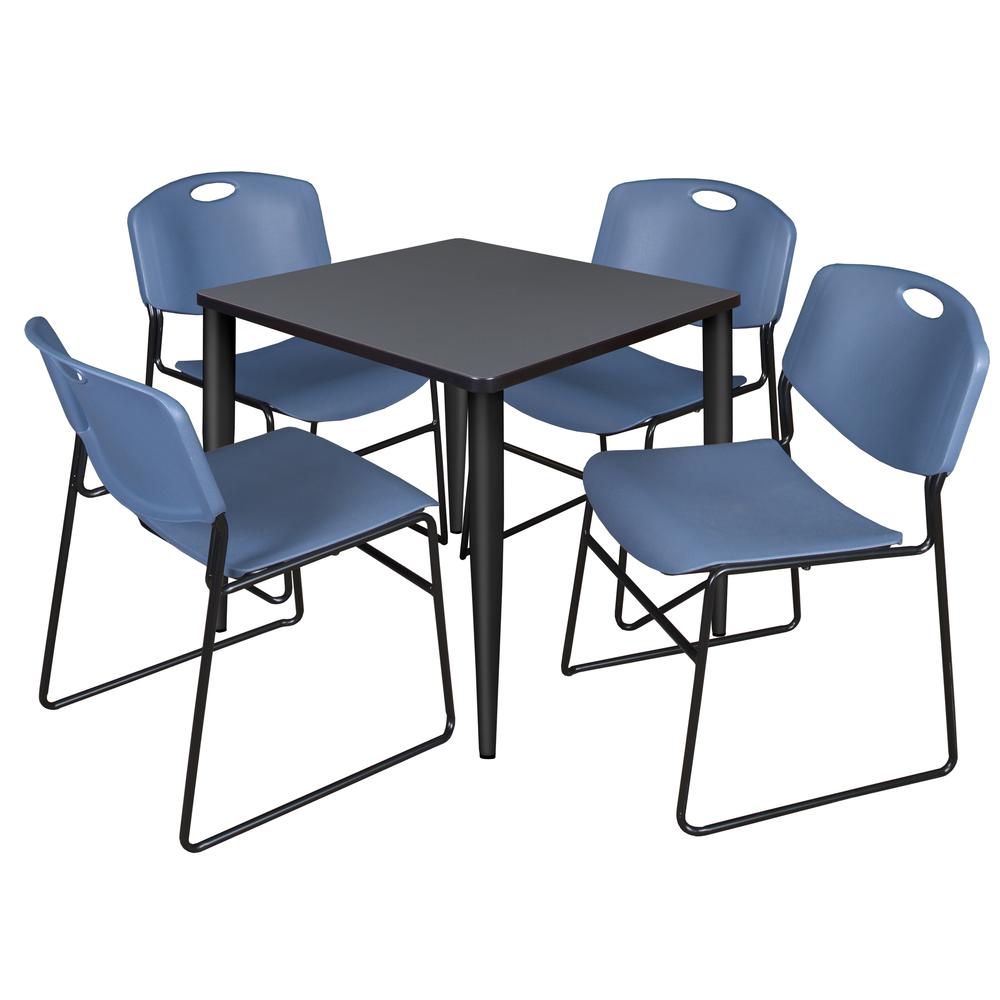 Regency Kahlo 30 in. Square Breakroom Table- Grey Top, Black Base & 4 Zeng Stack Chairs- Blue. Picture 1