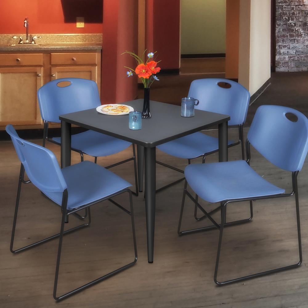 Regency Kahlo 30 in. Square Breakroom Table- Grey Top, Black Base & 4 Zeng Stack Chairs- Blue. Picture 7