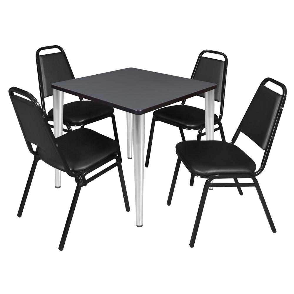 Regency Kahlo 30 in. Square Breakroom Table- Grey Top, Chrome Base & 4 Restaurant Stack Chairs- Black. Picture 1