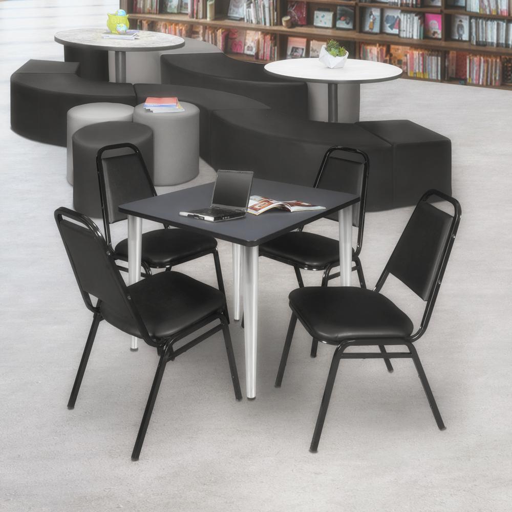 Regency Kahlo 30 in. Square Breakroom Table- Grey Top, Chrome Base & 4 Restaurant Stack Chairs- Black. Picture 7