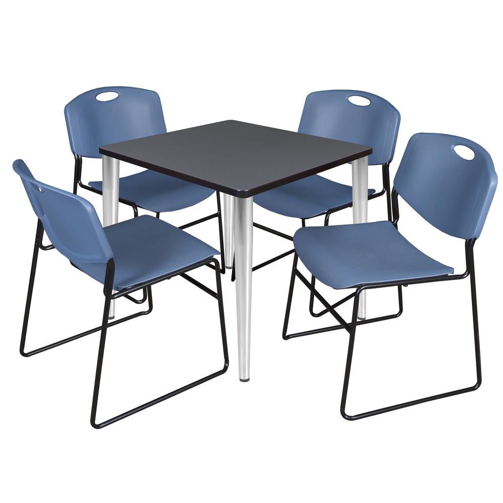 Regency Kahlo 30 in. Square Breakroom Table- Grey Top, Chrome Base & 4 Zeng Stack Chairs- Blue. Picture 1